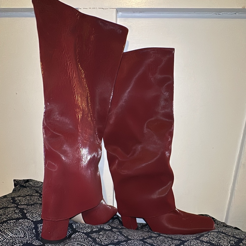Knee High Boots Fold Over Wedge Heel Slouchy Tall Boots in GLOSSY maroon red